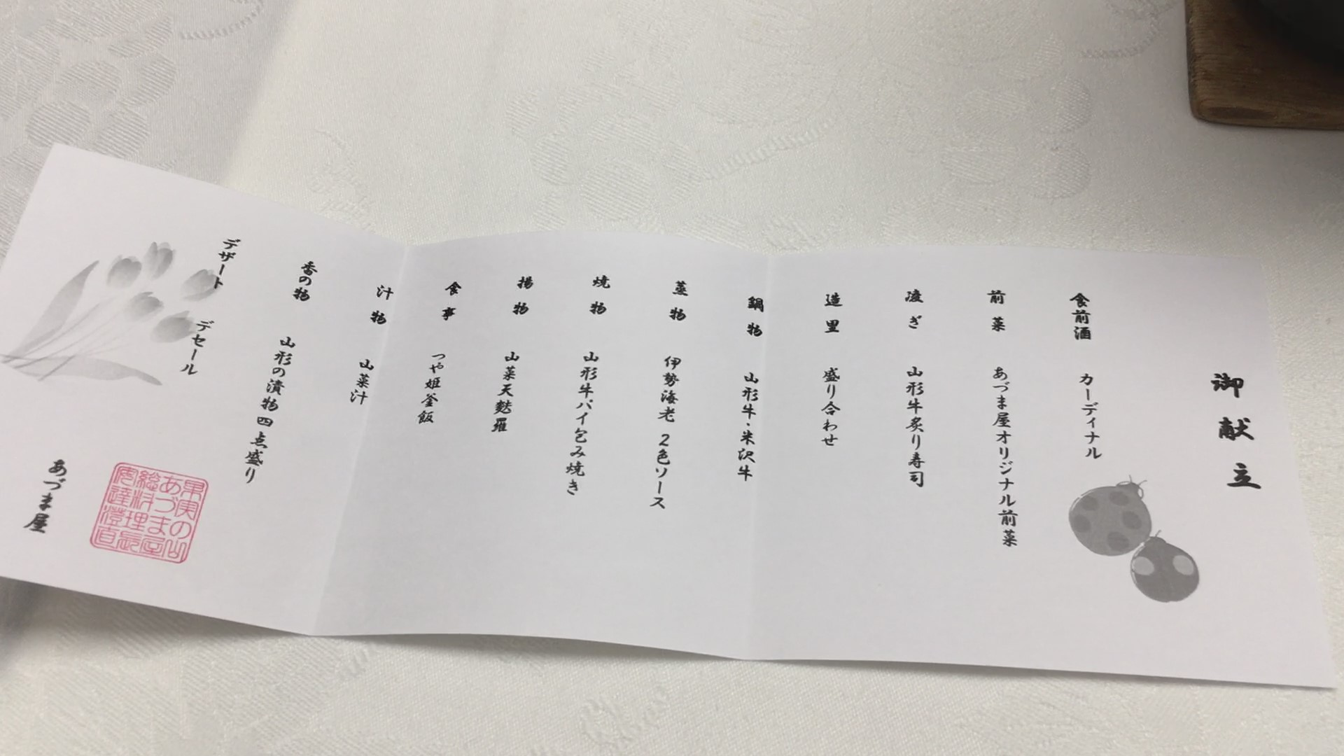 かみのやま温泉 果実の山 あづま屋 夕食 献立表(2019年当時)