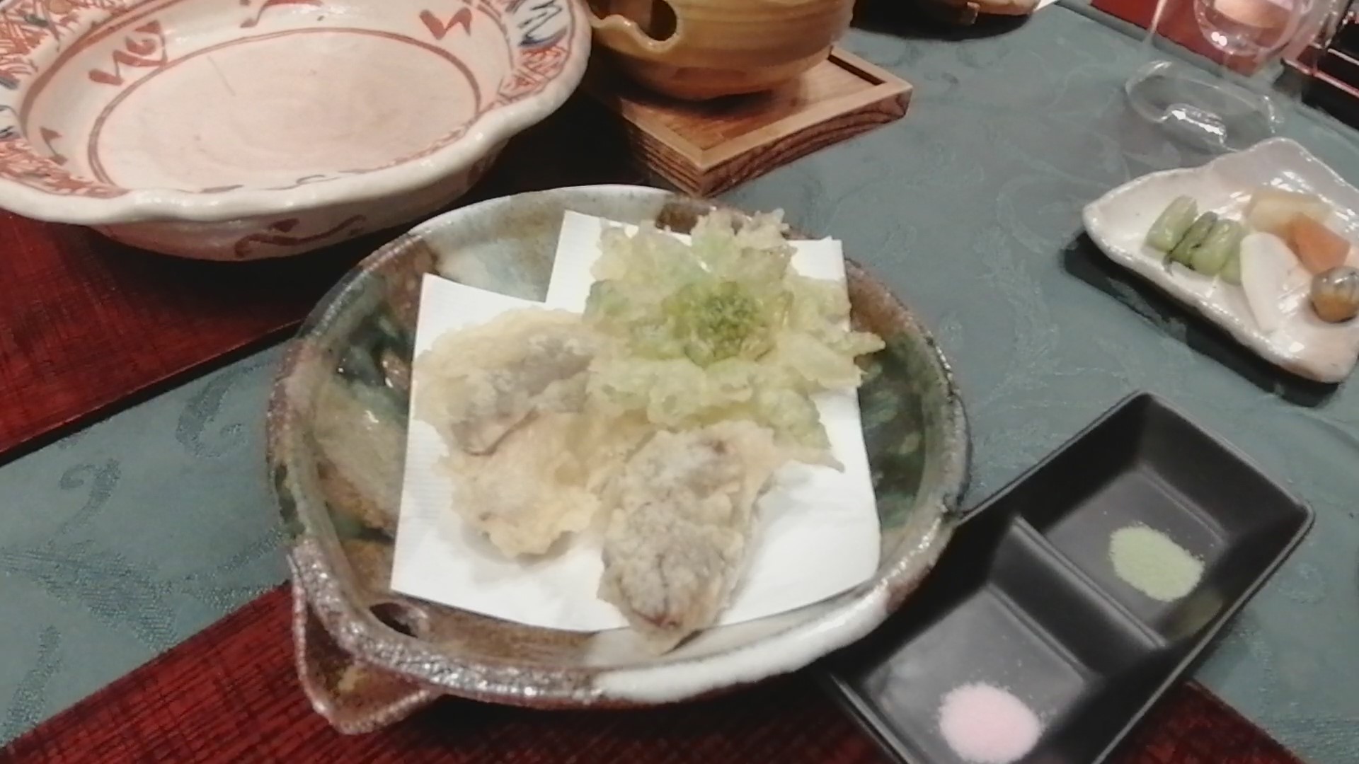 信州長野 上林温泉 湯宿 せきや　夕食　天ぷら（干し柿の天ぷら）（2020年2月 当時）