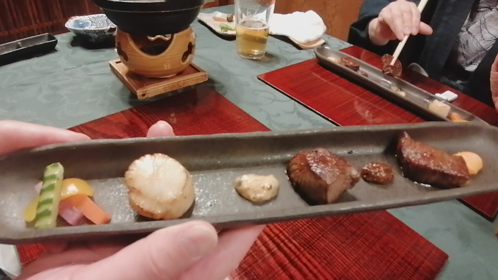 信州長野 上林温泉 湯宿 せきや　夕食　帆立と牛ヒレステーキ（2020年2月 当時）