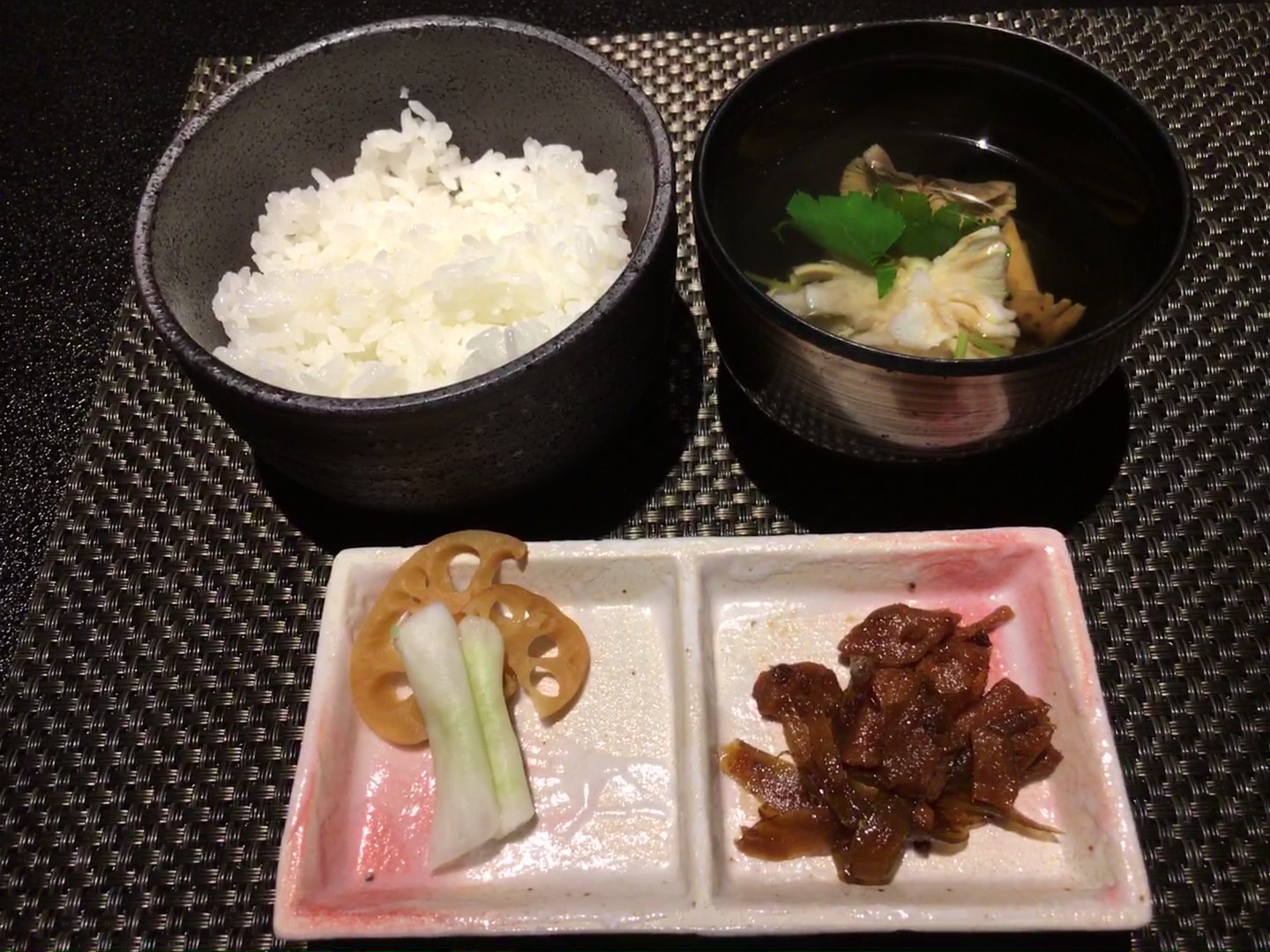 四季彩の宿 ふる里 夕食 ごはんと吸い物 鮪と牛蒡の山椒煮