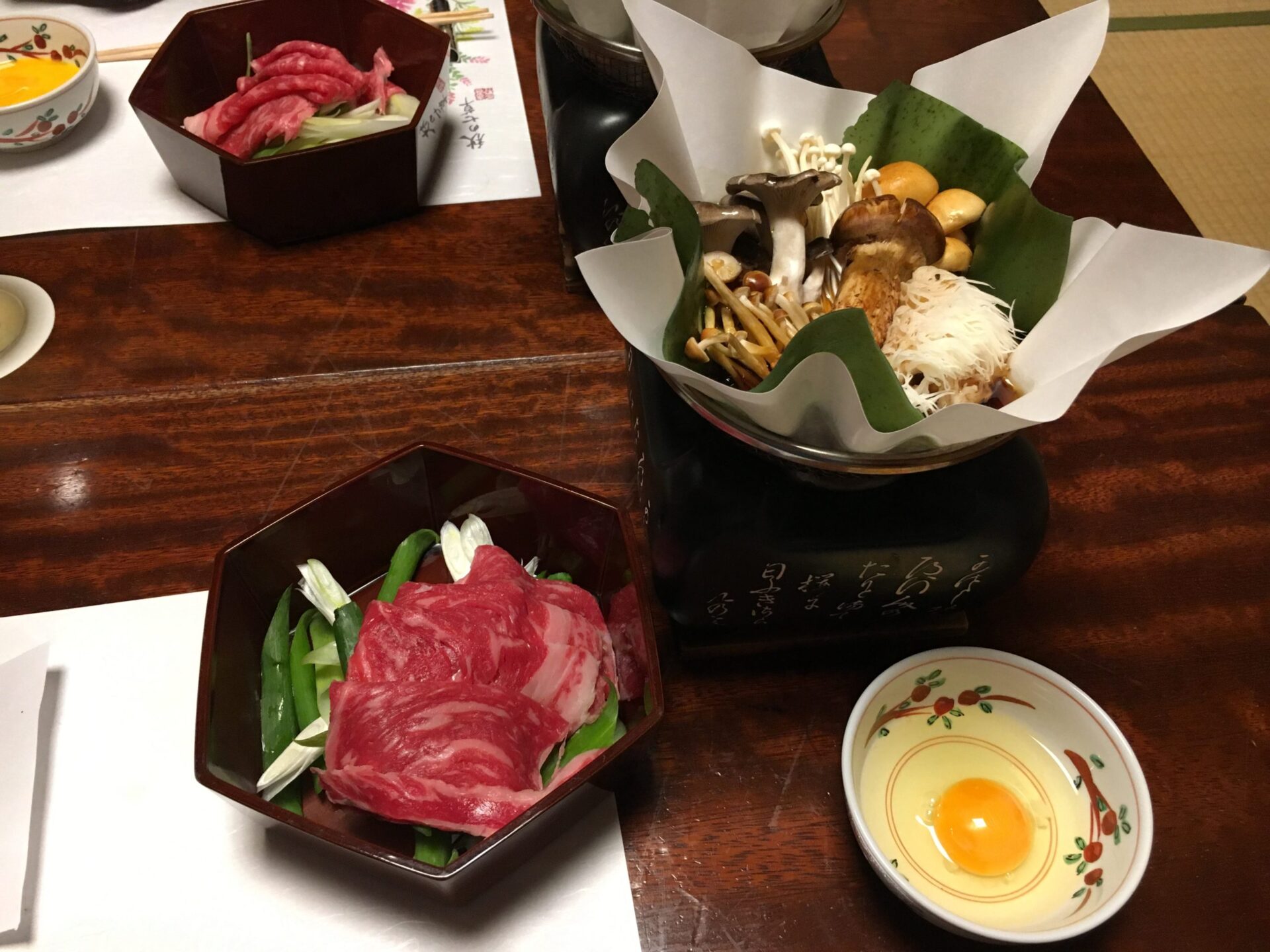 四万温泉 時わすれの宿 佳元 夕食 昆布なべ式 上州牛と木の子のすき鍋(2019年)