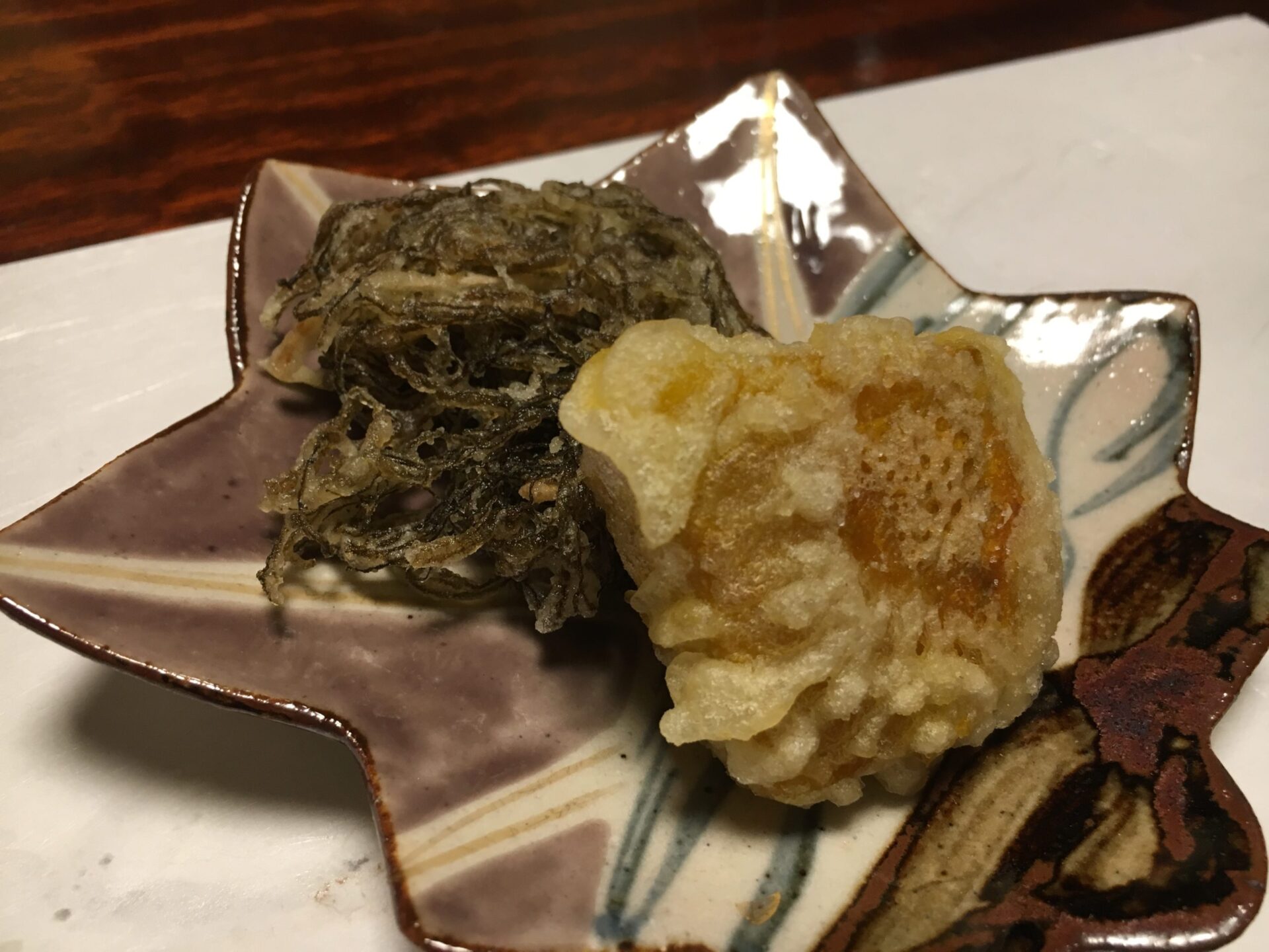 四万温泉 時わすれの宿 佳元 夕食 奄美もずくの天ぷら 南瓜(2019年)