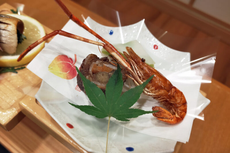 大室の杜 玉翠 前菜 海老真丈 牛八幡巻 手長海老の素揚げ