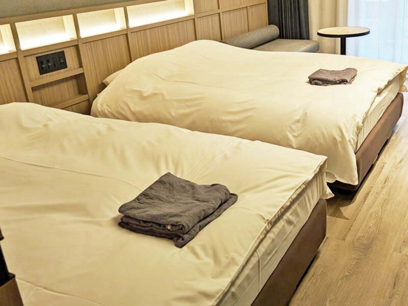 群馬　あらたし　みなかみ　温泉露天風呂付きツインルーム室内　ベッド