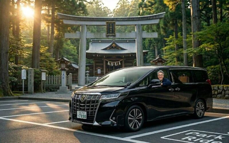 早朝到着で、眼鏡をかけた男性（旅兵衛）が車の中で余裕の笑顔。