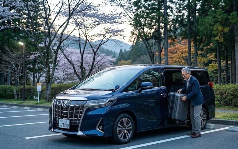 早朝4時。ロードサイド型のビジネスホテルの駐車場で、大きな荷物をアルファード（黒・ミニバン）に積み込む旅兵衛（男性・眼镜）。外はまだ暗く、霧がかかっている。