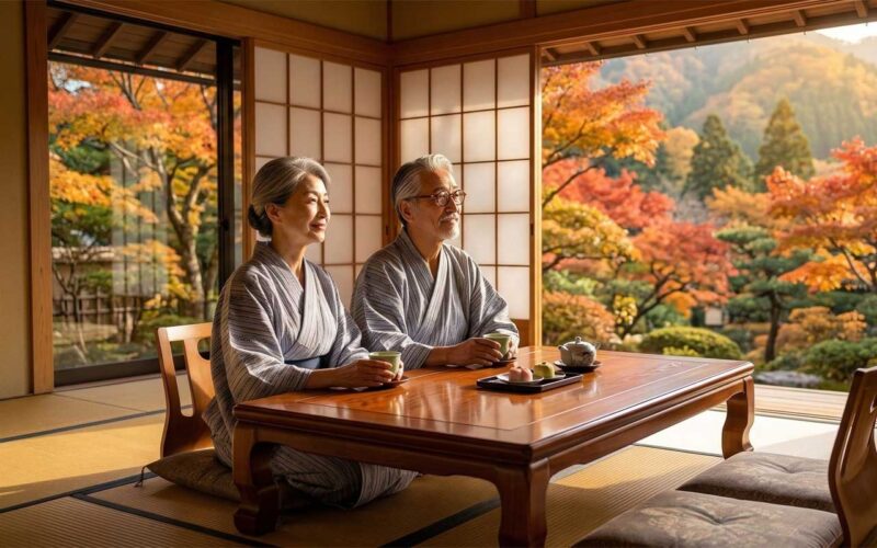 格式高い温泉旅館の和室。浴衣姿の旅兵衛夫婦（眼鏡・白髪・男性と、和やかな笑顔の女性）。窓の外に広がる夕暮れの美しい渓谷（紅葉）を眺めながら、お茶と和菓子を囲んでリラックスしている。