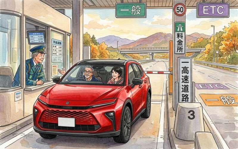 料金所の一般レーンでスタッフに事情を説明するドライバー